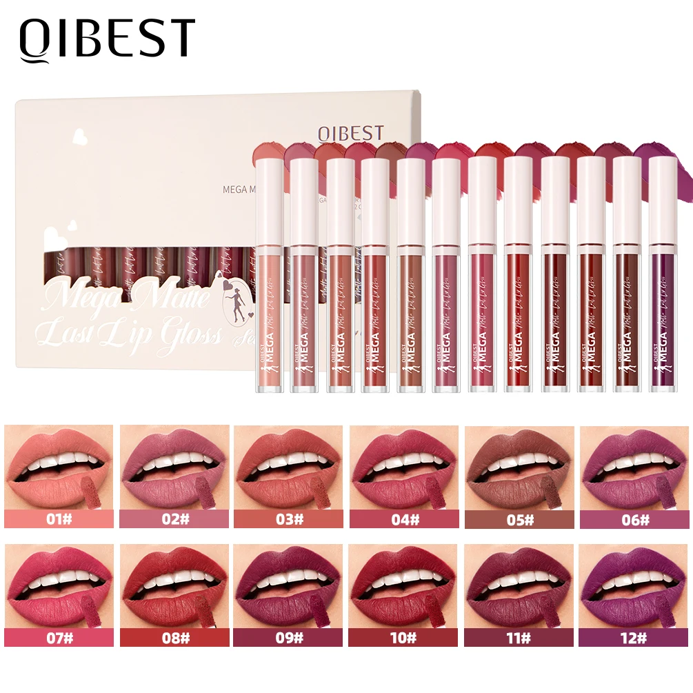 

QIBEST 12pcs/set Nude Lip Gloss Matte Velvet Lipstick Waterproof Long-lasting Liquid Lipstick Women Makeup Moist Lip Glaze Tint
