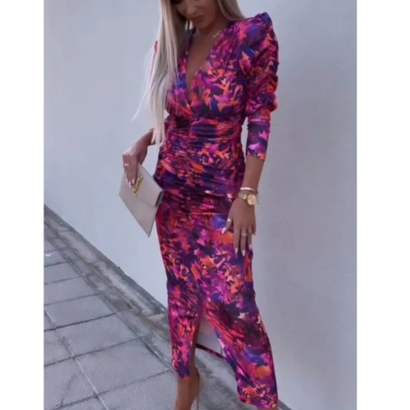 2025 Spring Summer women's Slit Dresses Long Sleeve V-neck female Floral Dress Slim High Waist Office Lady Pencil vestidos Robe