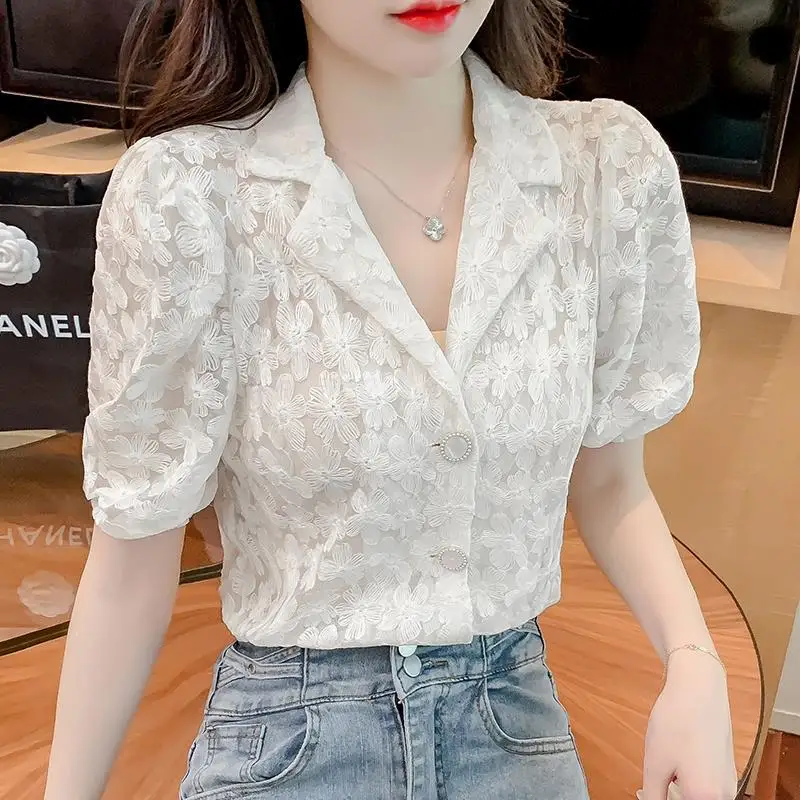 Summer Korean Fashion Buttons Solid Color Turn-down Collar Puff Sleeve Blouse Women Clothes Simplicity Net Yarn Women\'s Shirt