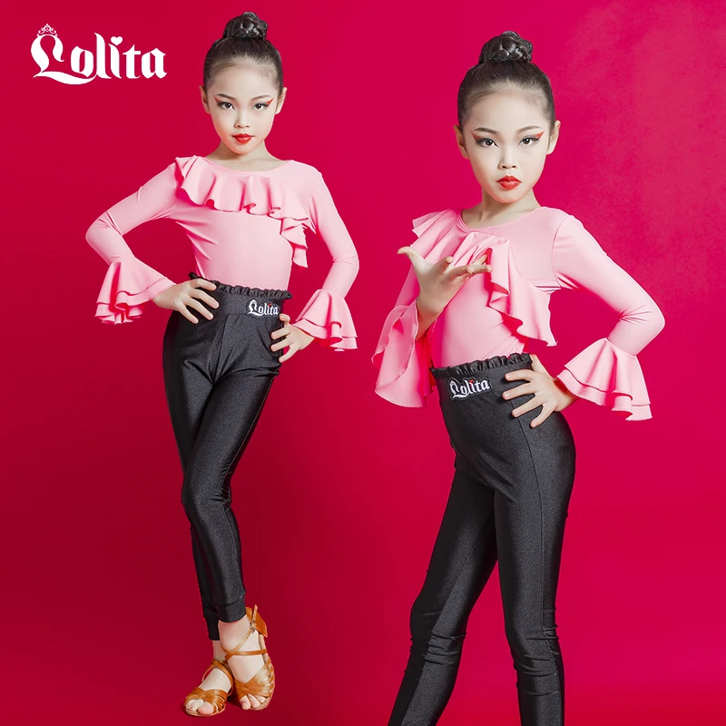 Lolita spring and summer Latin dance suit set pleated sleeves and trousers children's girls practice martial arts costume perfor