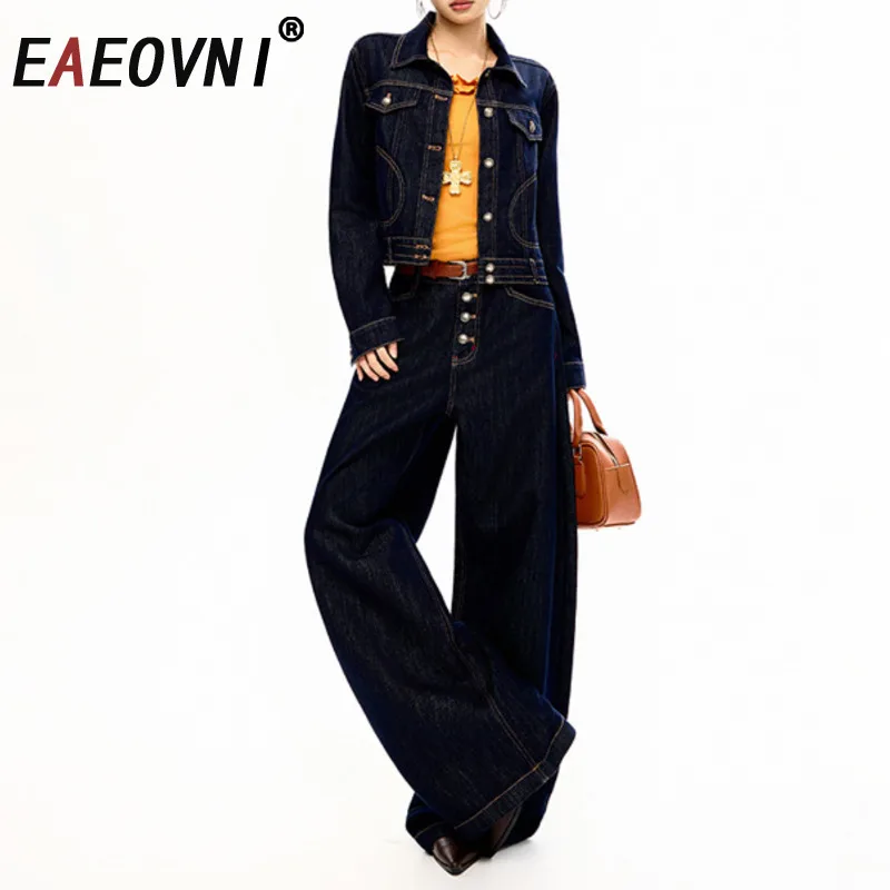 

EAEOVNI Уличная одежда, джинсовый женский комплект из 2 предметов, короткая куртка, пальто, широкие брюки с высокой талией, длинные брюки, модные осенние новые комплекты