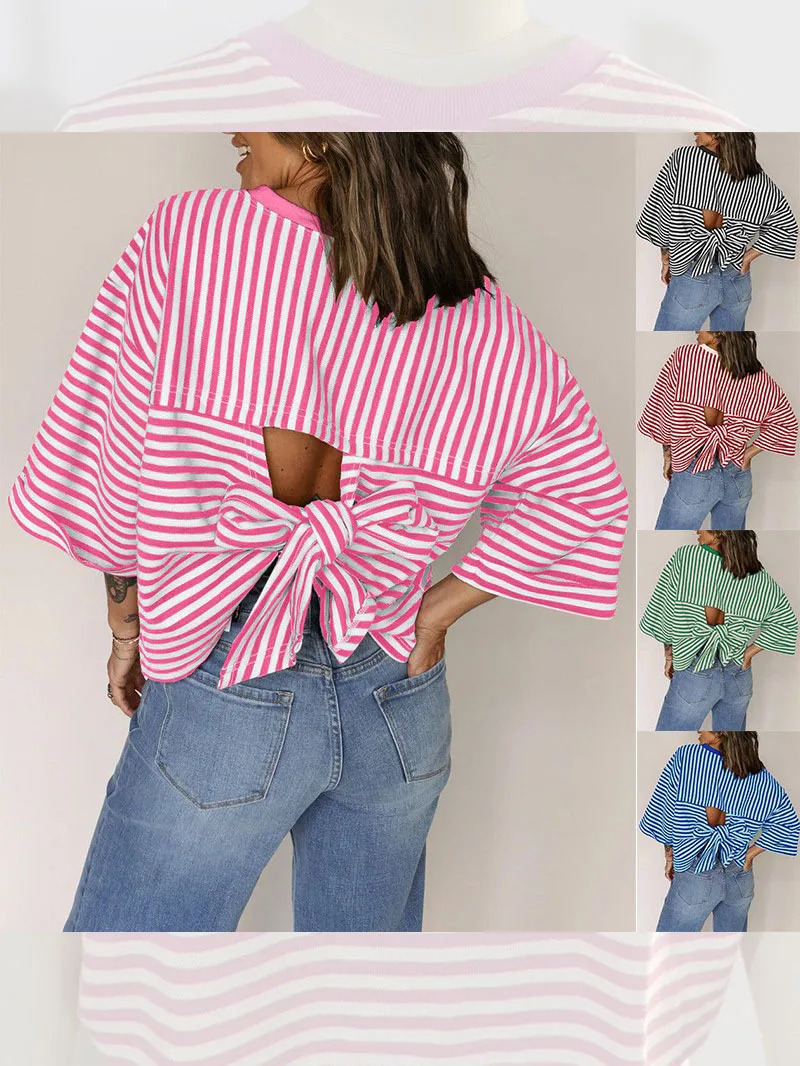 Loose Knitted round Neck T-Shirt Women's Cross-Border New Style Hollow out Back  Knot Sweater Polyester Fiber Summer...