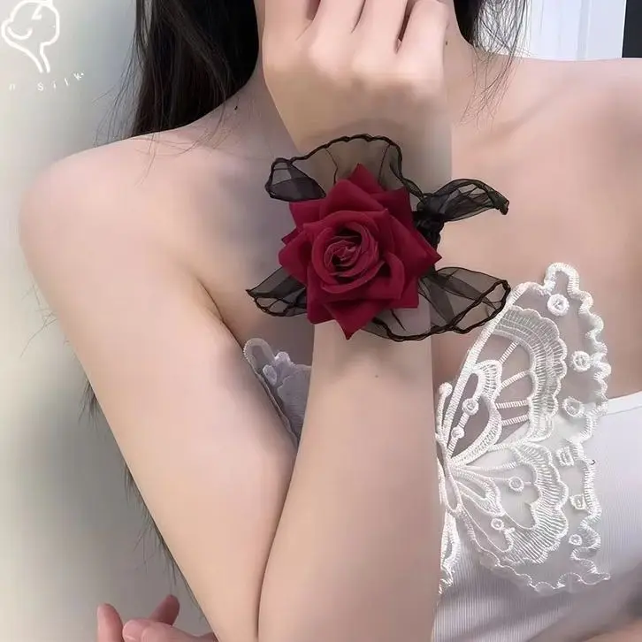 lace bracelet Gothic Ruffle Lace Red Rose Wristbands Lolita Charm Bracelets Flower Mesh Hand Ornaments Lace Wristbands Accessori