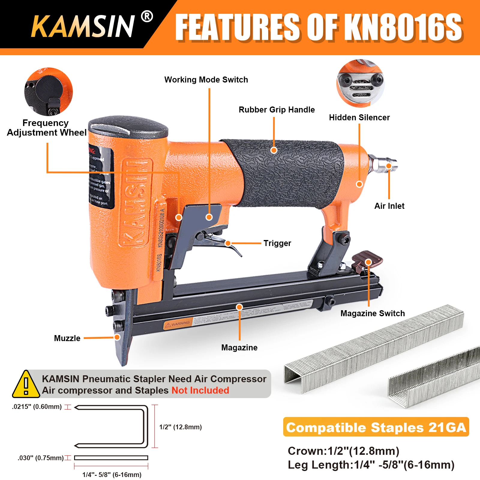 KAMSIN KN8016S 21 Gauge Pneumatic Continuous Firing Mode Upholstery Stapler for 80 Series 12.8mm Crown Staples, for Furniture