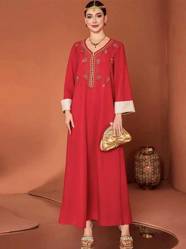 Rétro v-ne dubaï longue Dr rouge longue Sve ample arabe cousu à la main diamant Dr robe de mariée de soirée formelle Ocn Dr