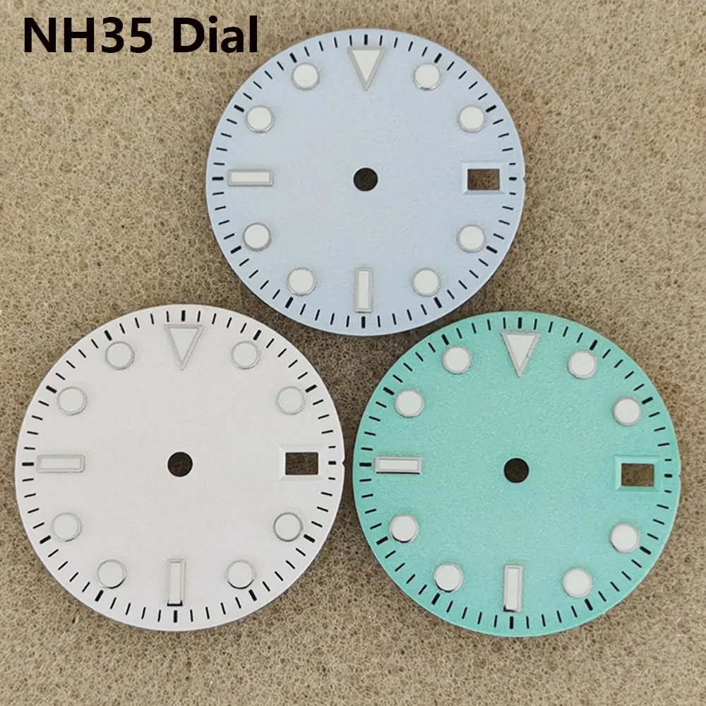 

NH35 Dial 28.5mm Green Luminous Watch Dial Single Calendar Light Blue/White/Green Frosted Watch Face for NH36/4R/7S Movement
