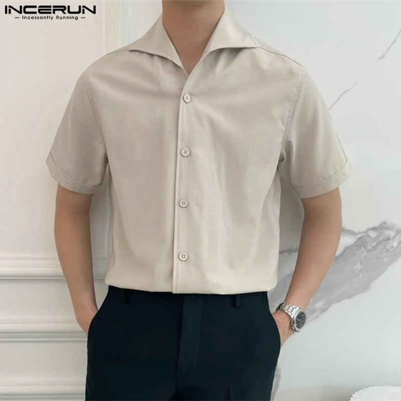 INCERUN Tops 2025 Korean Style New Men Summer Solid Lapel Collar Blouse Summer Casual Streetwear Male Short Sleeved Shirts S-5XL