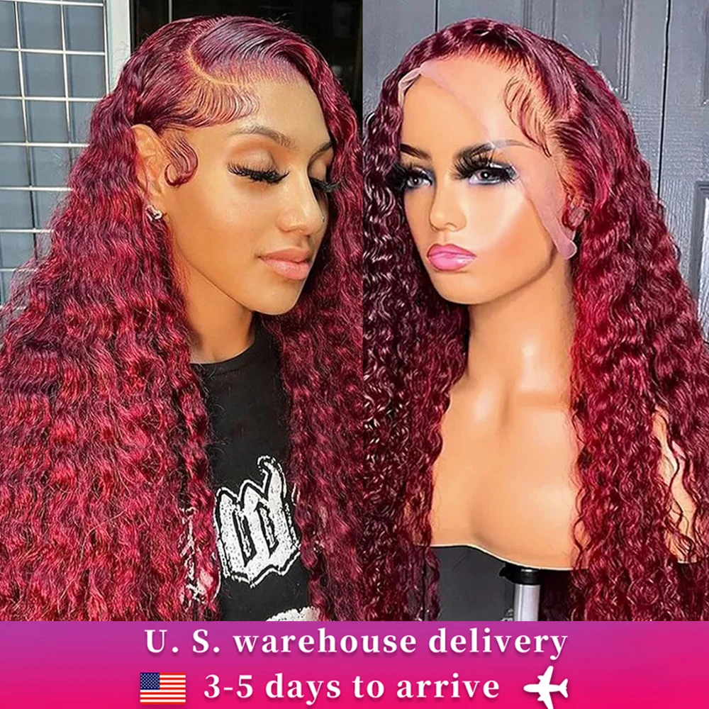 250 Density 30 Inch 13x4 99J Burgundy Deep Wave Lace Frontal Wig Curly Lace Front HD Lace Frontal Human Hair Wigs For Womem