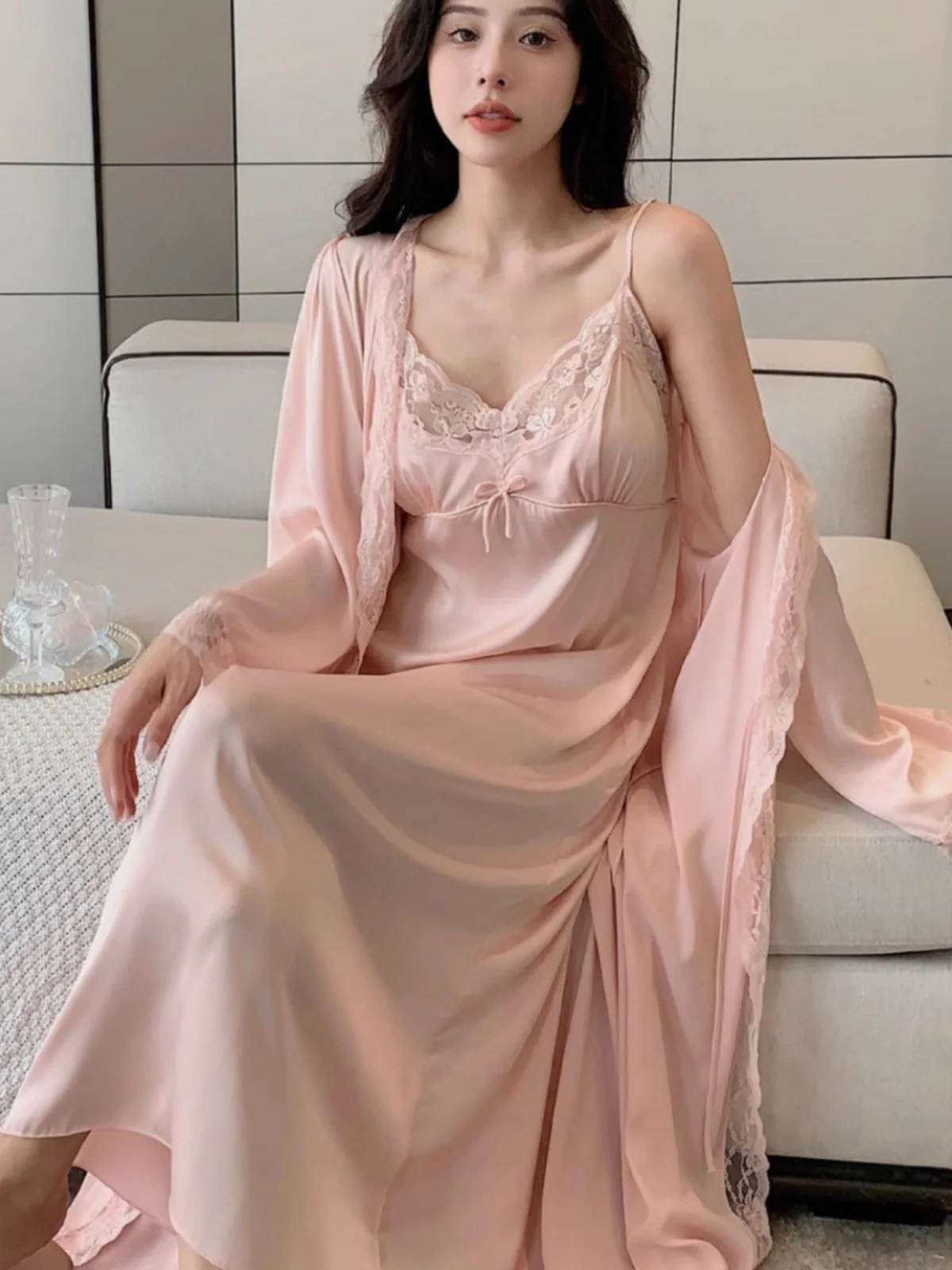 プラスサイズ-300ポンド-アイスシルク-ツーピースセット-ネグリジェ-レディース-膝丈-ルーズフィット-200ポンド-レース-セクシー-ロングナイトドレス