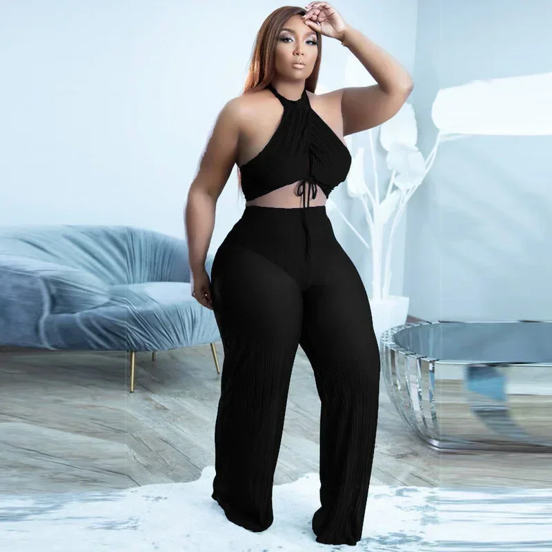 

GUWU Fashion Streetwear Pleated Chiffon Women Two Piece Set Outfit Summer Twist Crop Top and Wide Leg Pants Tracksuit