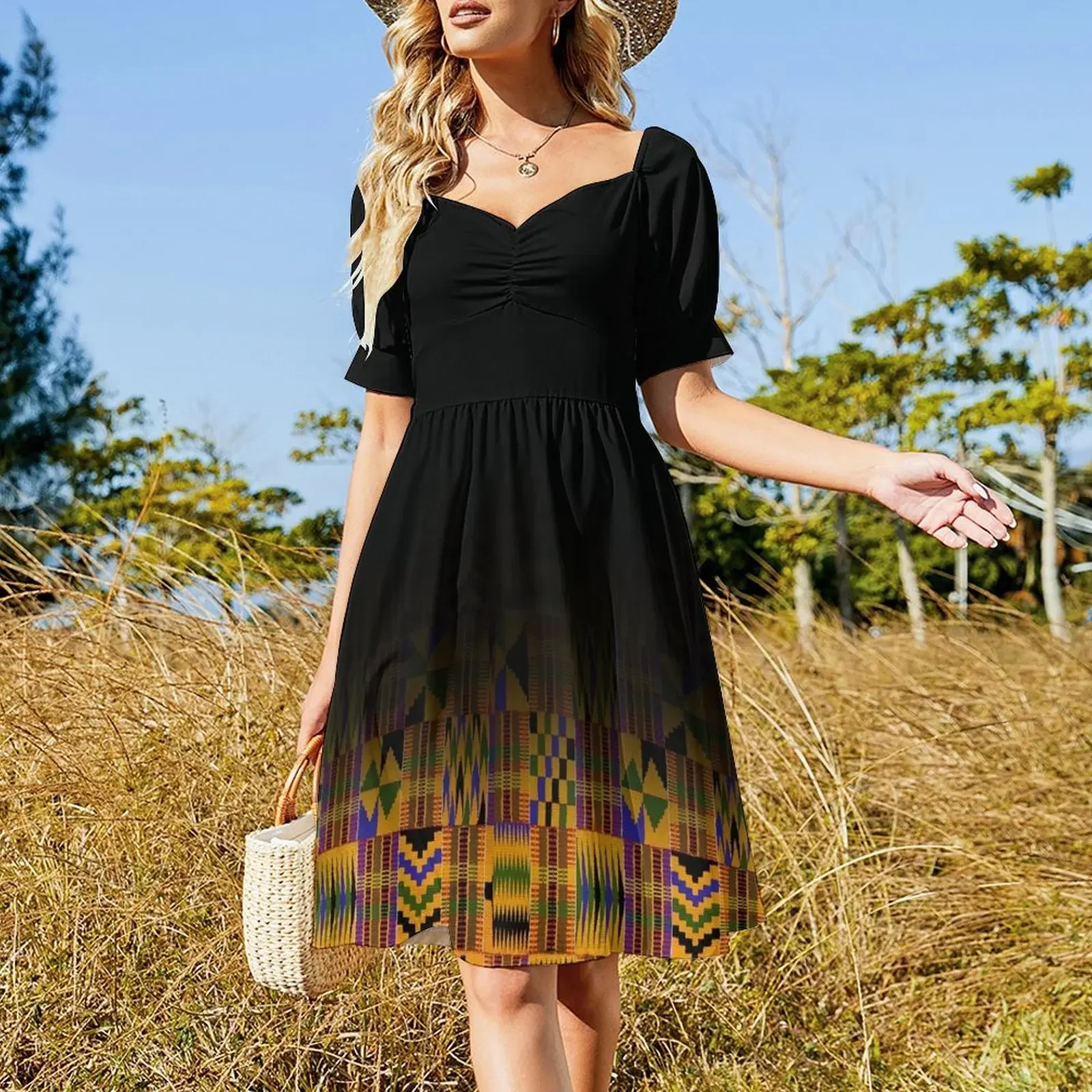 black fading kente print Short-Sleeved Dress elegant chic women dresses promotion Woman clothing Dance dresses Long dress