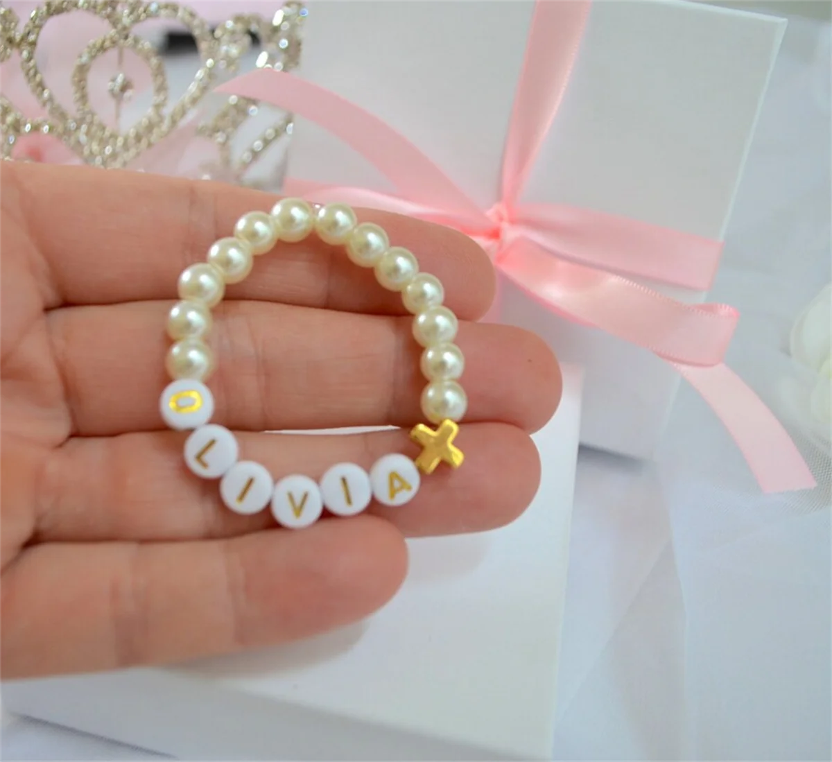 Pulsera de oro de 18K con Cruz personalizada para bebé, joyería para bebé, pulsera de perlas para bautismo, Baby Shower, regalo para nieta de bautizo, Ho