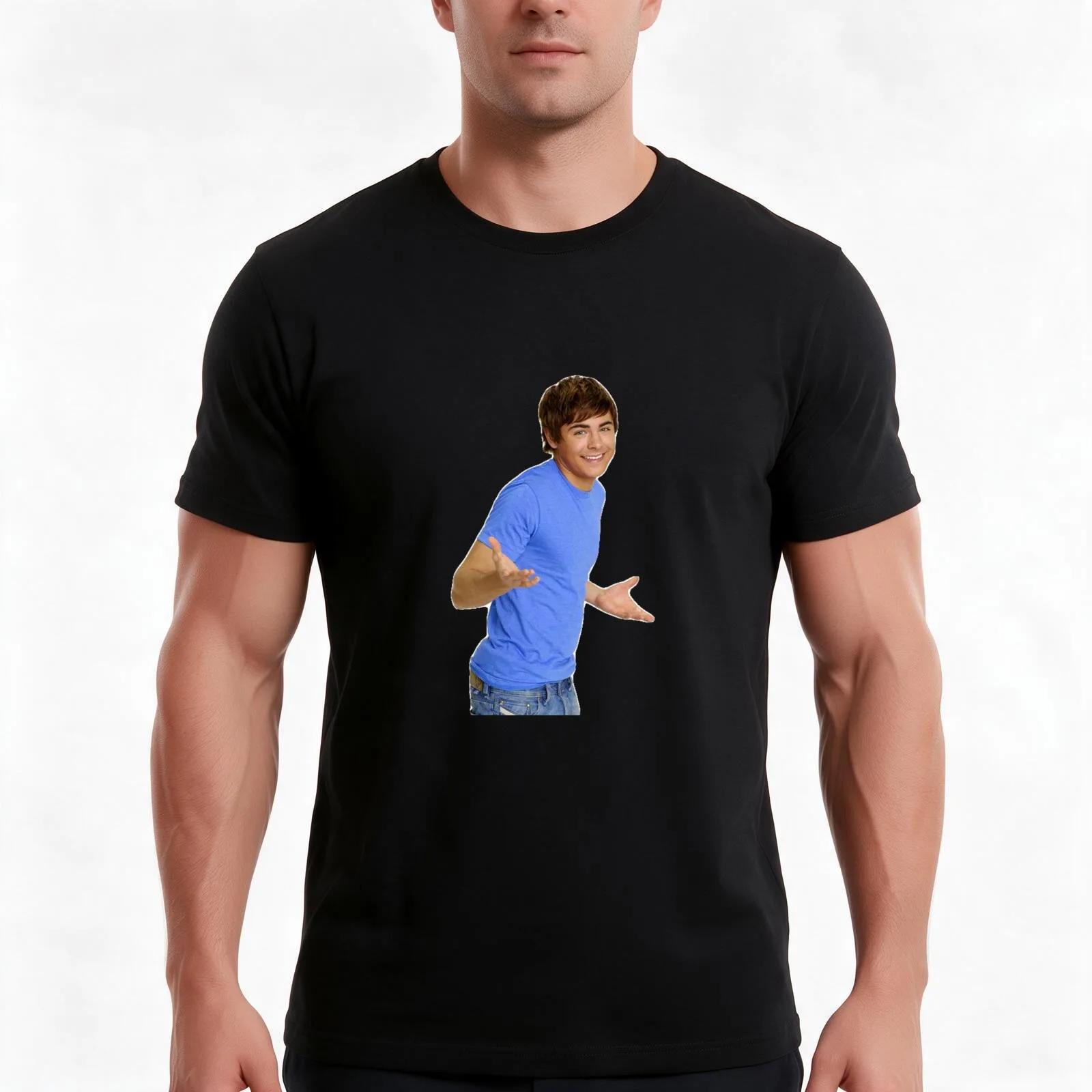 zac efron - troy bolton - shrug meme - 1 T-Shirt, Summer Casual Cotton Tee, Oversized Streetwear Tops, Vintage Graphic Print