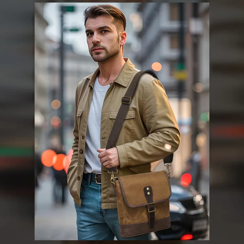Retro Canvas Single Shoulder Bag Fashionable Crossbody Men's Genuine Leather Briefcase Wear Resistant Chest Bag Home Style