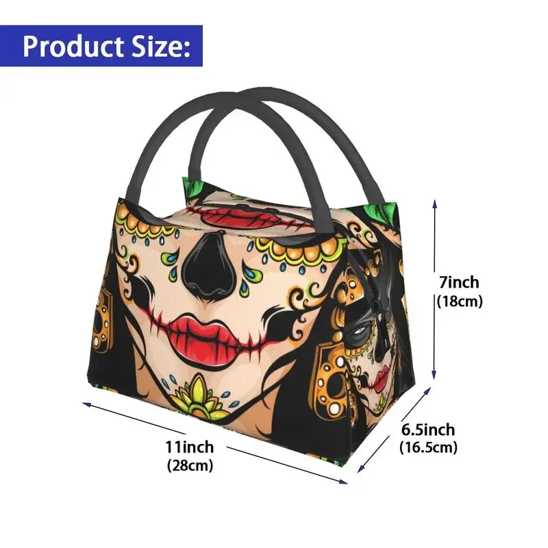 Sugar Skull Mexican Thermal Insulated Lunch Bags Day Of The Dead Portable Lunch Container for Outdoor Camping Meal Food Box