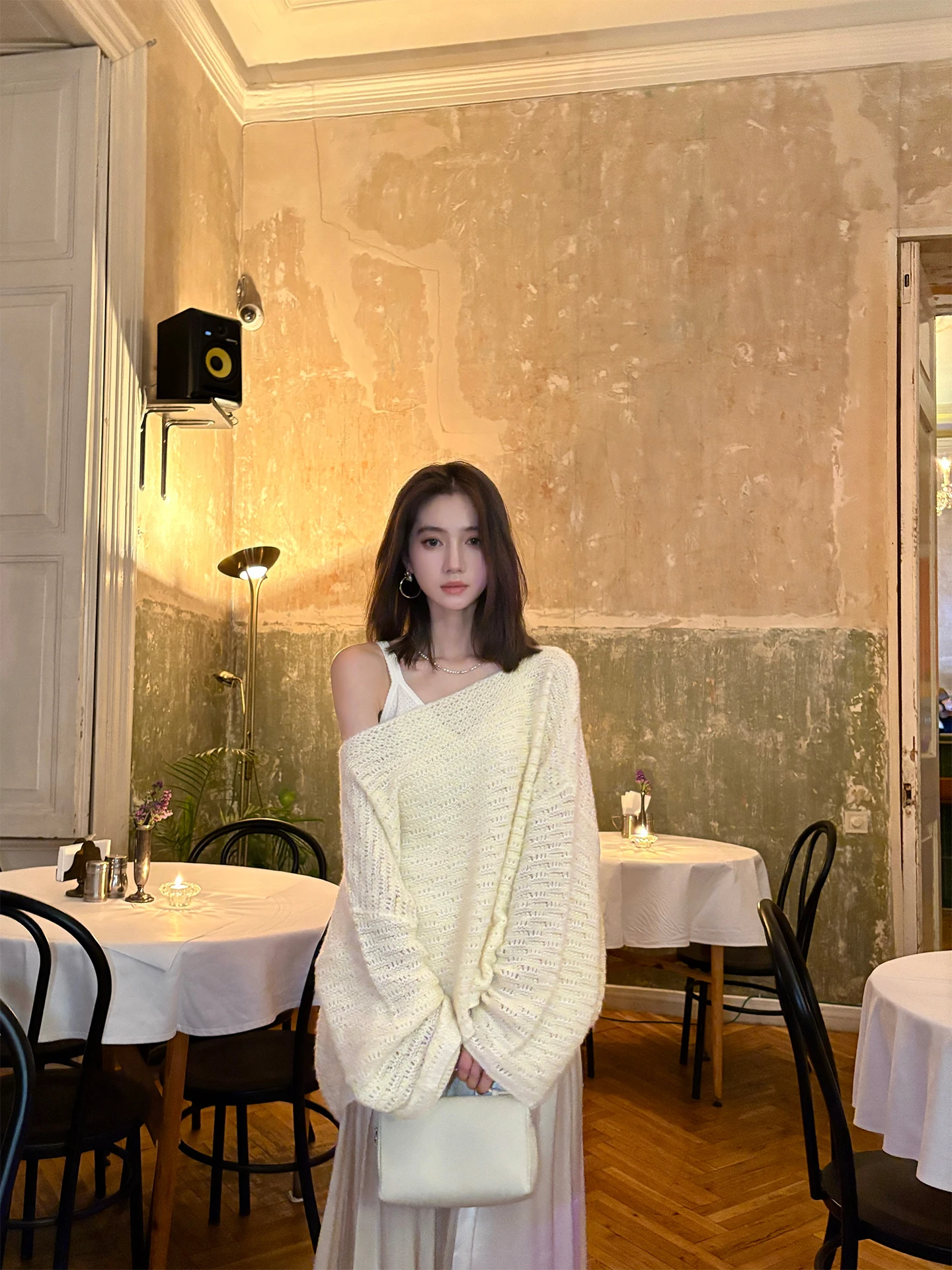 

Cunblvd Wool Knitted oulder Bared Loose Long Sve Women's Sweater Autumn Warm Comfortable Casual Sle round Ne Top