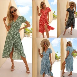 Women Sexy Chiffon Dress Floral Print Dress V-neck Lace Up Dress Asymmetric Ruffle Slit Beach Skirt Casual Style