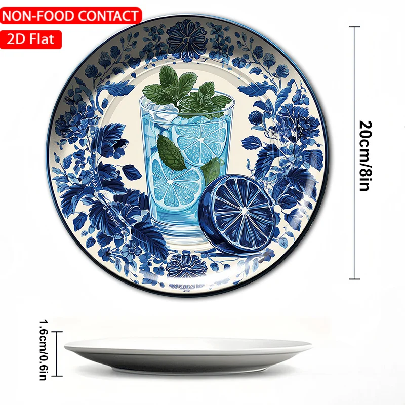 1pc FORJN Modern Ceramic Decorative Plate - Round Blue Floral Lemon Wall Plate Suitable, Living Room,, Non-Food Contact Dish