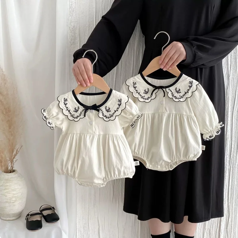 2025 جديد الصيف الوليد طفلة رومبير قصيرة الأكمام القطن التطريز الرضع طفل الفتيات بذلة 0-24 متر طفل الفتيات الملابس