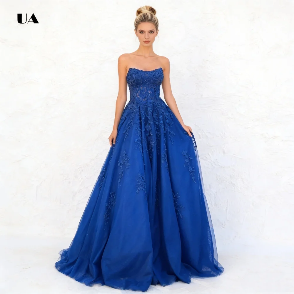 

ULBYANRY Elegant Strapless Prom Dress with Floral Lace Applique Solid Sleeveless Evening Dress embroidered Customized Party Gown