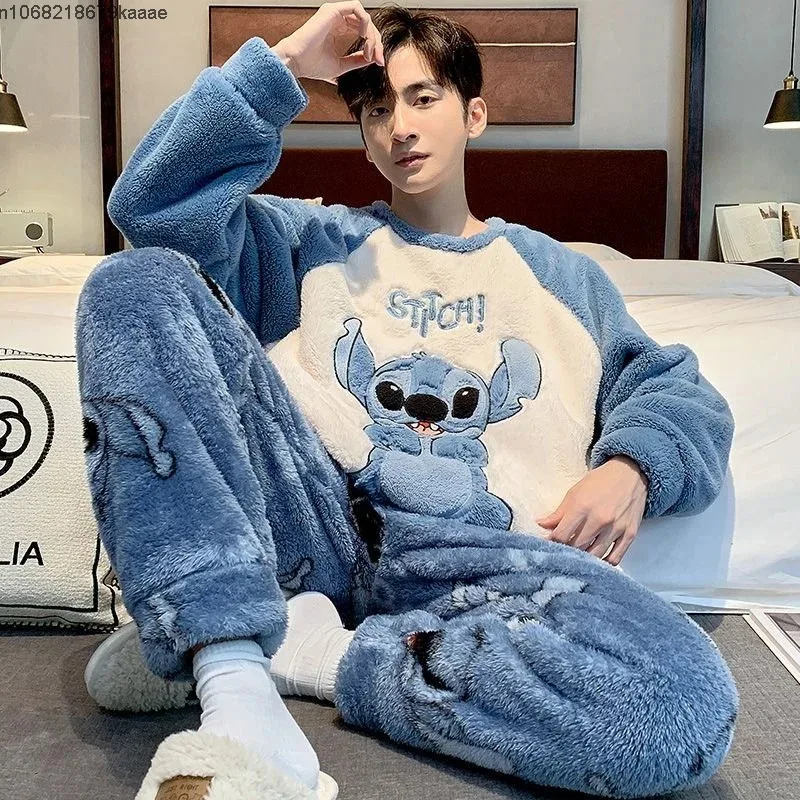 Disney Cartoon Stitch Couple Coral Fleece Pajamas Suit Cute Plush Pullover Top Pants 2 Piece Set Women Men Sleepwear Y2k Clothes