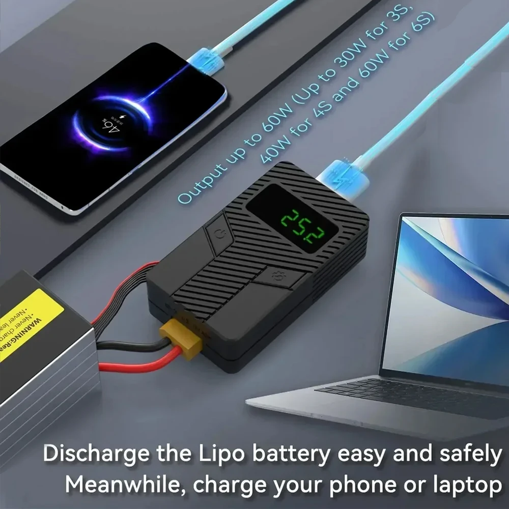 Descargador de batería SpeedyBee FDQ 3-6S 60W para Dron RC compatible con carga rápida hasta 60W alarma de bajo voltaje XT60