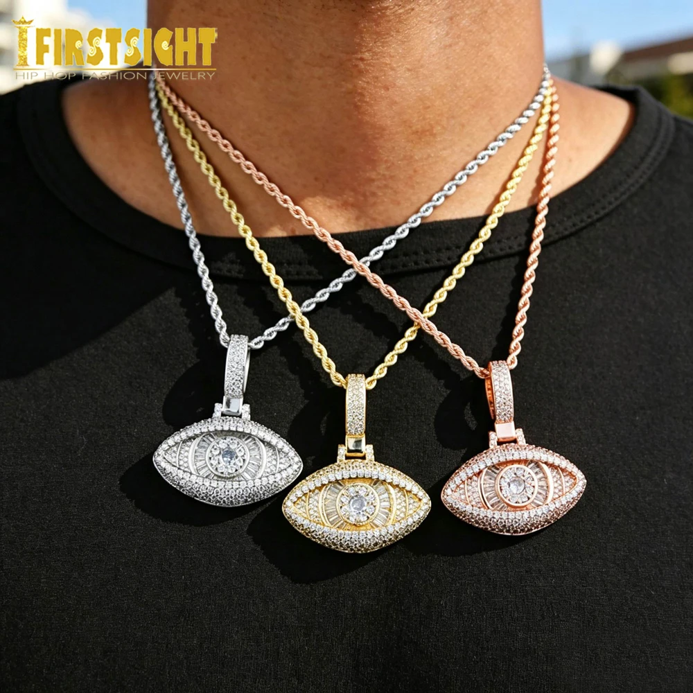 New Iced Out Stereoscopic Eye Pendant Necklace Prong Setting Bling Cubic Zirconia Evil Eye Charm Men Women Hip Hop Jewelry