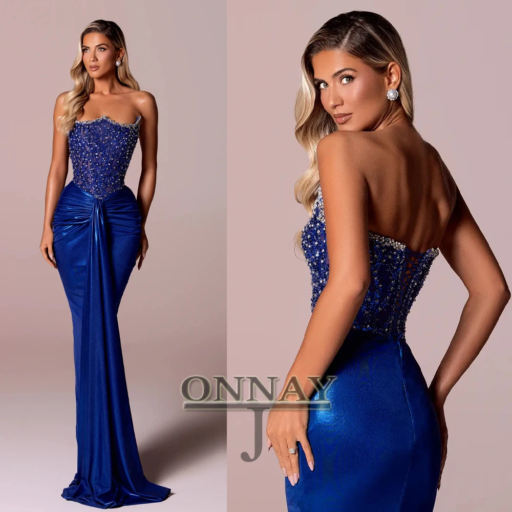 ชุดราตรีหนังสีน้ำเงินรอยัลแบบสั่งตัด W1025 ประดับลูกไม้คริสตัลสไตล์เมอร์เมด ดูไบ ซาอุดีอาระเบีย ชุดราตรีสำหรับงานเลี้ยง ไซส์พลัส