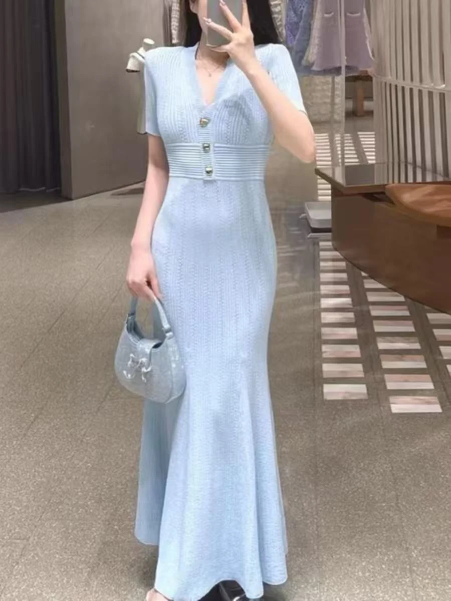 

Temperament Elegant Stretch Slim Women's Dress 2024 Autumn New Blue Short Sleeve V-Neck Knit Long Dresses