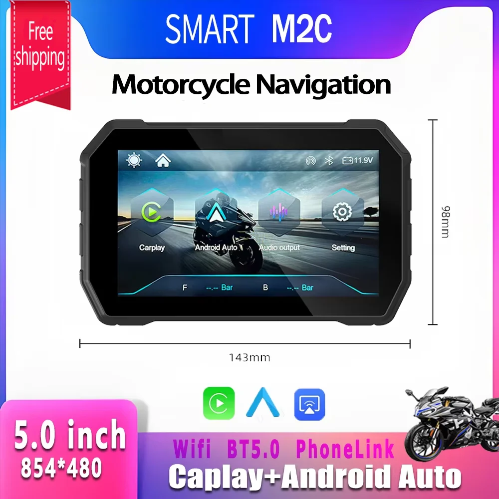 SMART Motorcycle GPS Navigator, Wireless CarPlay, Android Auto, Dual Lens, 5GHz WiFi, BT5.0, IP67 Waterproof, 800 Nits Screen