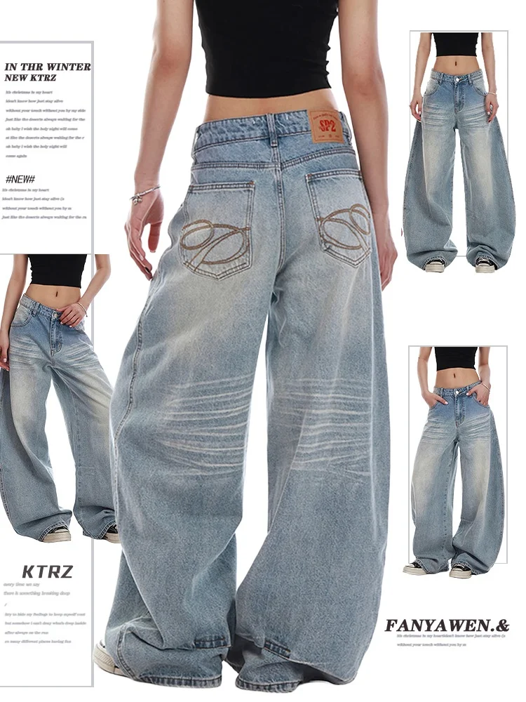 

Retro American Washed Denim Jeans High Waist Loose Straight Leg Wide Leg Pants for plus Size Women Spring Season Casual Wear