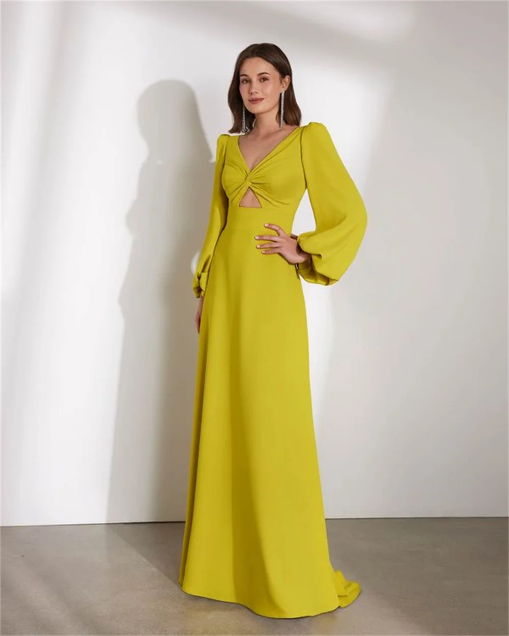 Cathy Yellow Chiffon V-neck Cut-out Prom Dress Elegant Long Sleeves Party Dresses A-line Floor-length Vestidos De Noche 2024