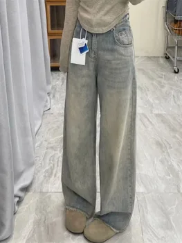 Jean à jambes larges effilochées pour femmes, Streetwear vintage coréen, Pantalon en denim grunge, Y2K Distress Aesthetic Straight, At Fjge