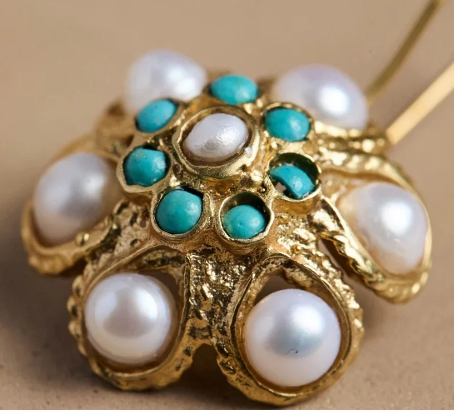 Creative Ethnic Style Imitation Pearl Earring Party Handmade Jewelry Gift Vintage Court Gold Color Ornate for Women