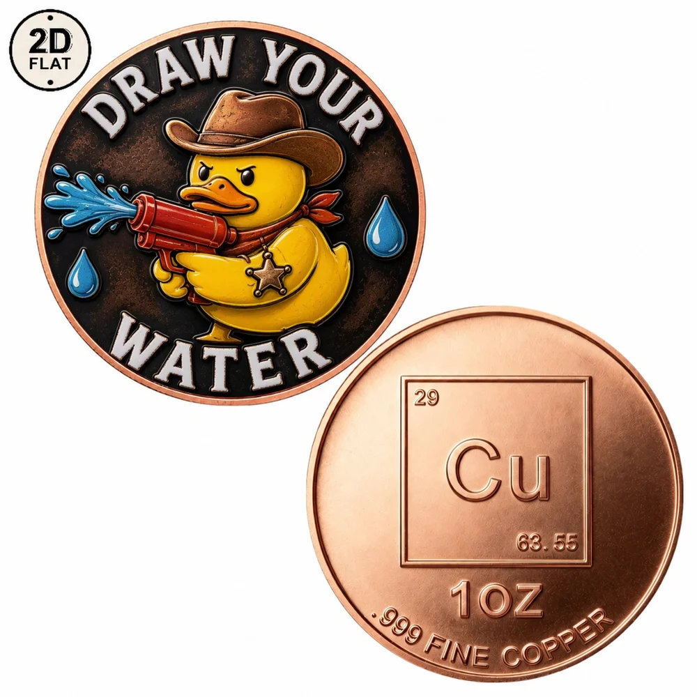 1pc Draw Your Water Cowboy Duck 1oz Pure Copper Commemorative Coin Western Sheriff Duck Collectible Coin Playful Novelty Gift