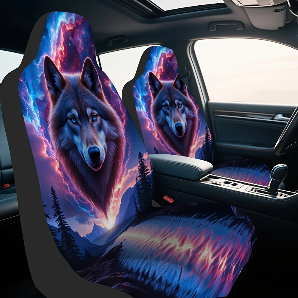2pcs, Modern Fantasy Wolf Landscape Art Print Car Seat Covers, Washable And Comfortable, Universal Fit For Most Vehicles, Great