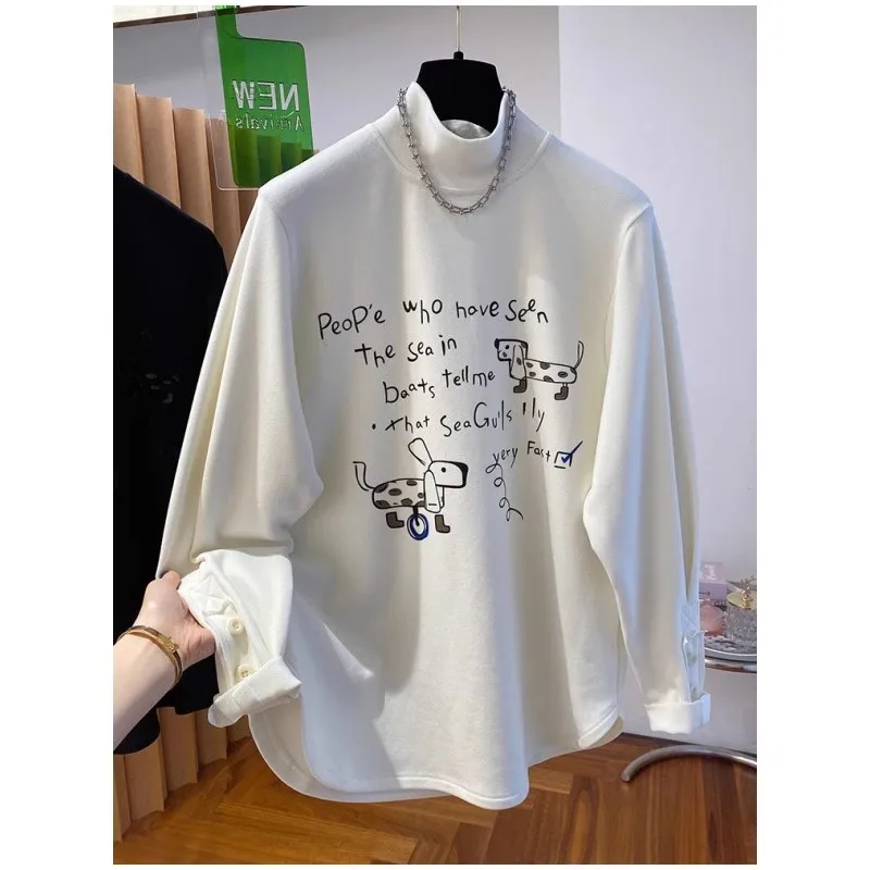 plus Size 300 Pounds Brushed Velvet Half High Collar Long Sleeve Men's T-Shirt Spring Autumn Season Split Design Casual Style