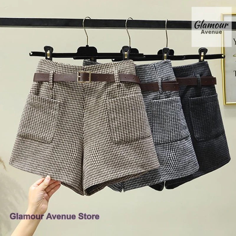 Korean version of wearing houndstooth shorts women's autumn and winter high waist new fashion Joker slim wide-leg pants A pants