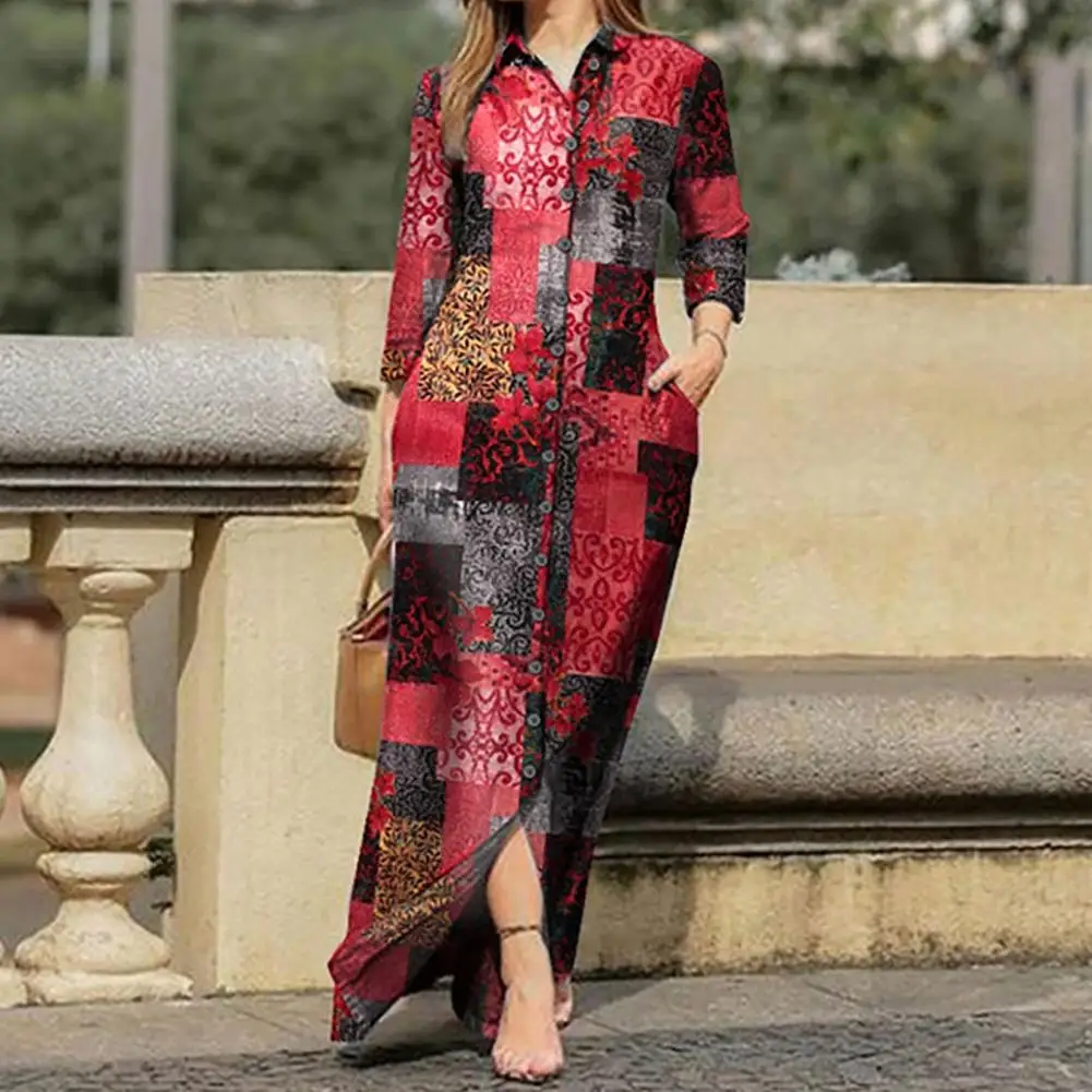 Shirt Dress  Slim   Casual Dress Boho Retro Print Chiffon Shirt Dress