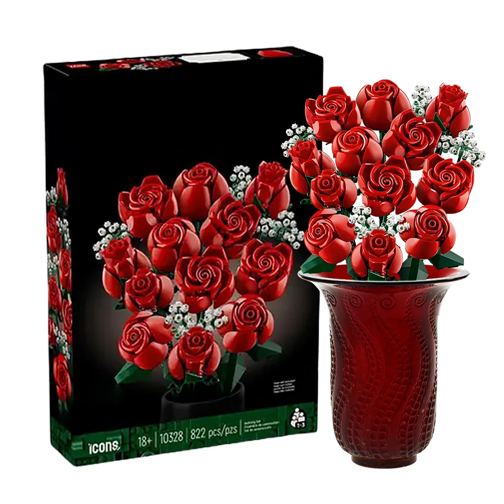 

Creative Red Rose Vase Plants Model Building Blocks Romantic Flower Bouquet Building Block Eternal Model Home Desk Plant Decor