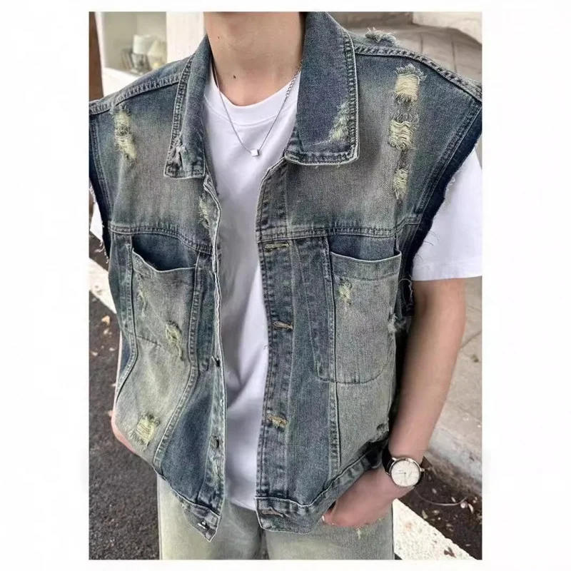 가을 미국 레트로 디스트레스드 베스트 남성 디자인 트렌드 루즈 슬리브리스 탑