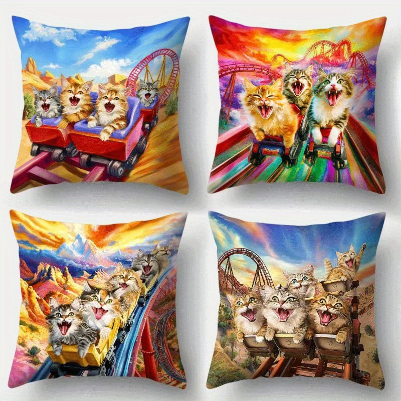 4pcs Humor Pet Style Pillow Covers, Playful Rainbow Cat on Toilet Print Cushion Cases, Cozy Home Decor for Bedroom Living Room