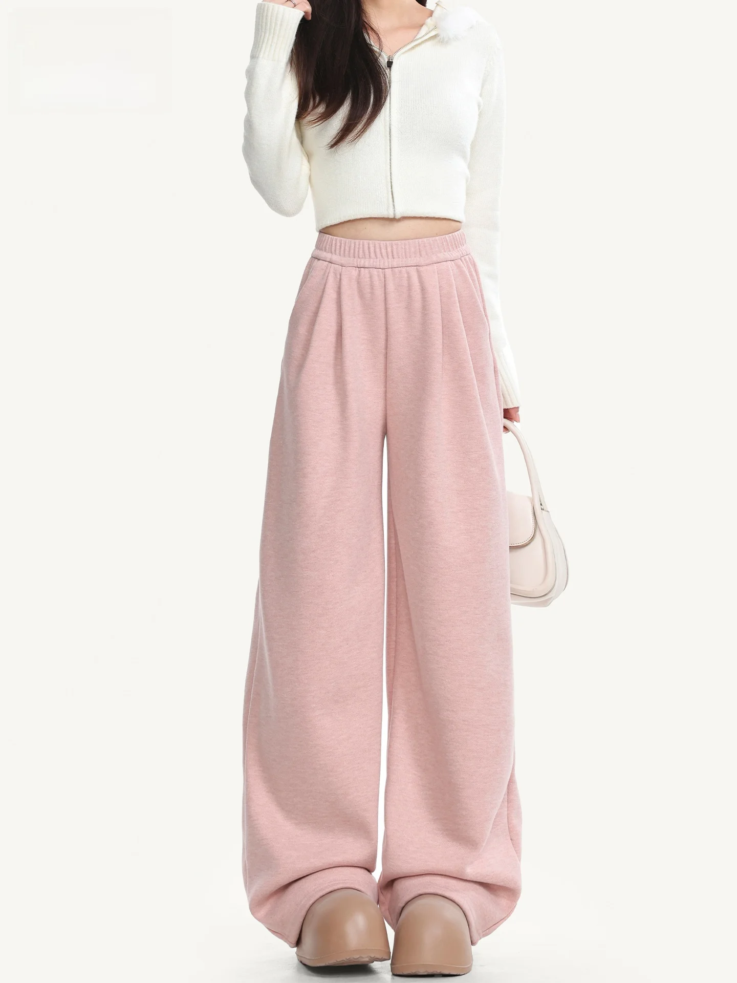 

Women's High Waist Straight Leg Fleece Lined Knitted Wide Leg Pants Draping Design Winter Casual Trousers Pink Color