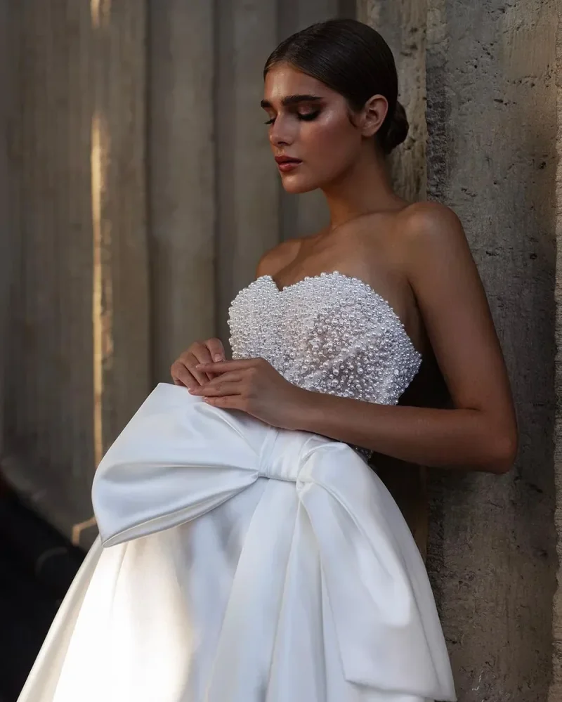 Personalizado novo luxo branco vestido de casamento de pescoço alto com cintura arco laço pérola manga longa princesa noiva vestido de noiva 2025