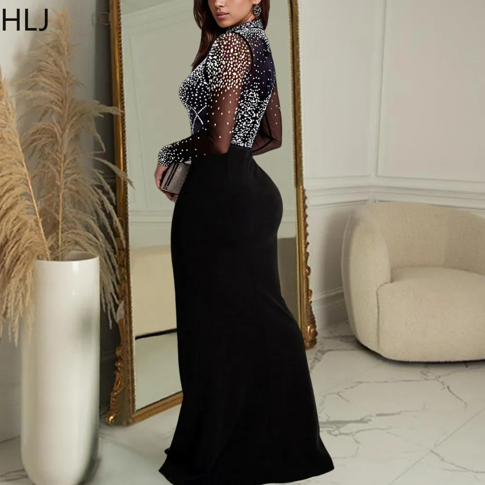 HLJ Elegant Rhinestone Maxi Dresses Women See Through Mesh Patchwork Bodycon Evening Party Dress Long Sleeve Birthday Vestidos