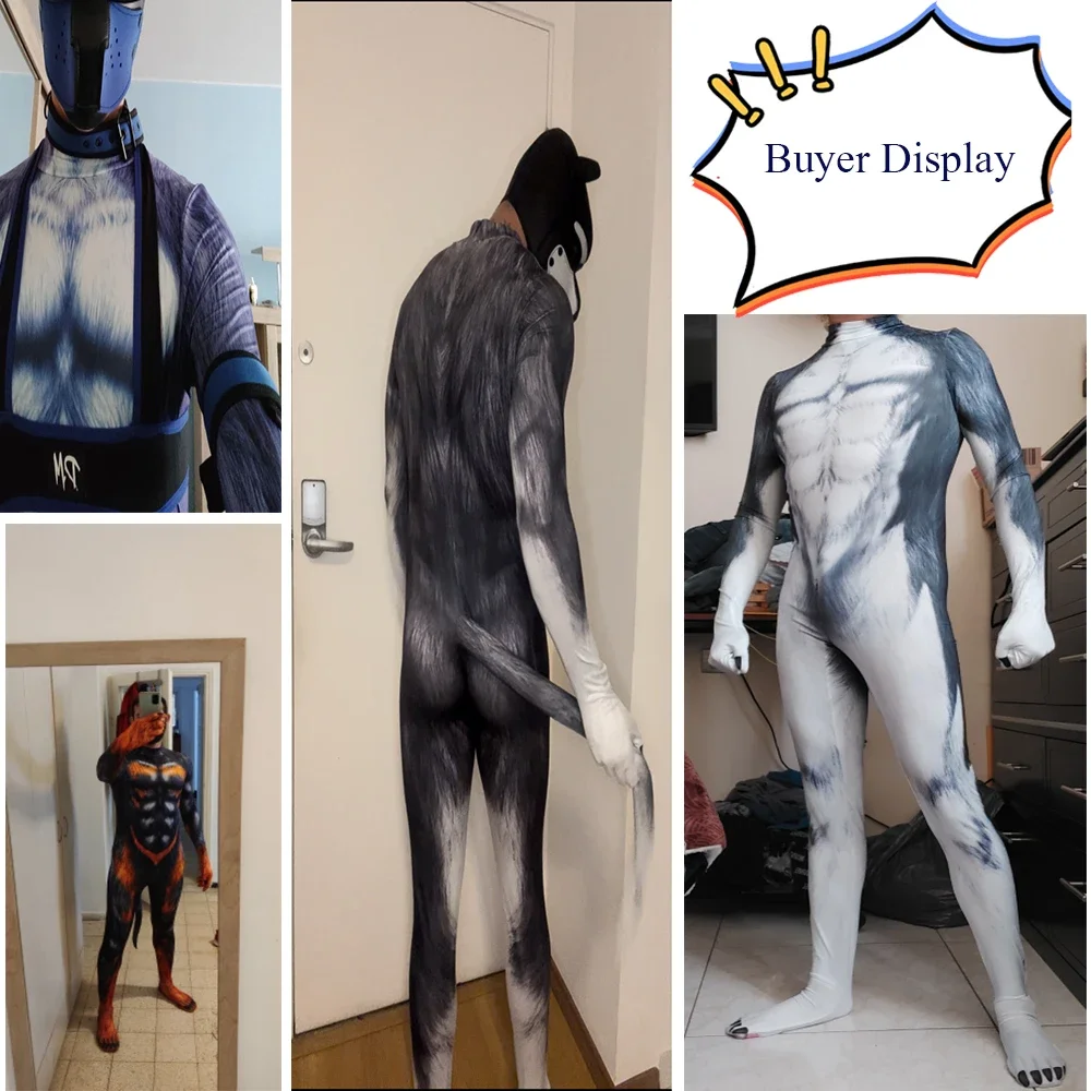 Zawaland Men 3D Crocodile Texture Printed Animal Cosplay Costume Bodysuit with Tail Crotch Zipper Jumpsuits Catsuit Zentai Suits image 5