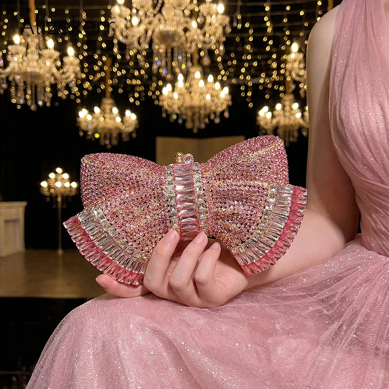 

Alizekerr Bow Crystal Evening Bags Women Luxury Designer Boutique Metallic Rhinestone Clutch Purses And Handbags Wedding Party