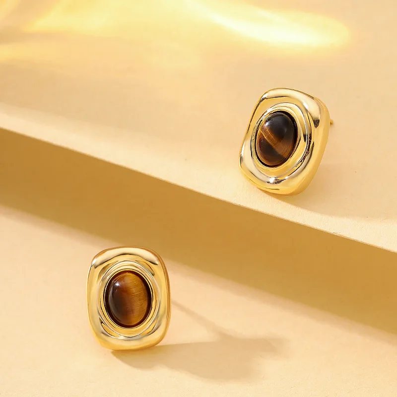 Fashionable and exquisite old money style tiger eye stone geometric earrings, fashionable personality, versatile earrings
