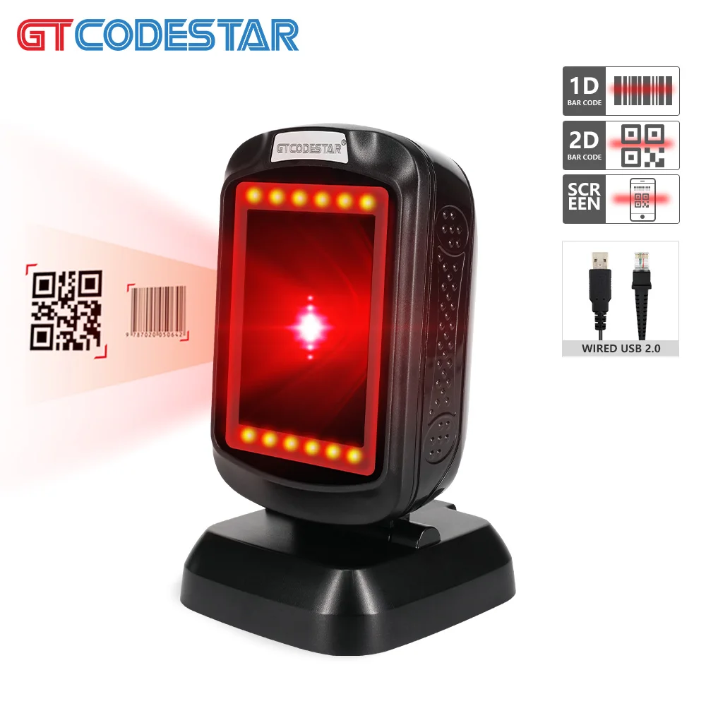 GTCODESTAR 2D Scan Platform Supermarket Desktop Barcode Scanner Wired Hands-Free Barcode Reader 1D QR Code Table Mounted Scanner
