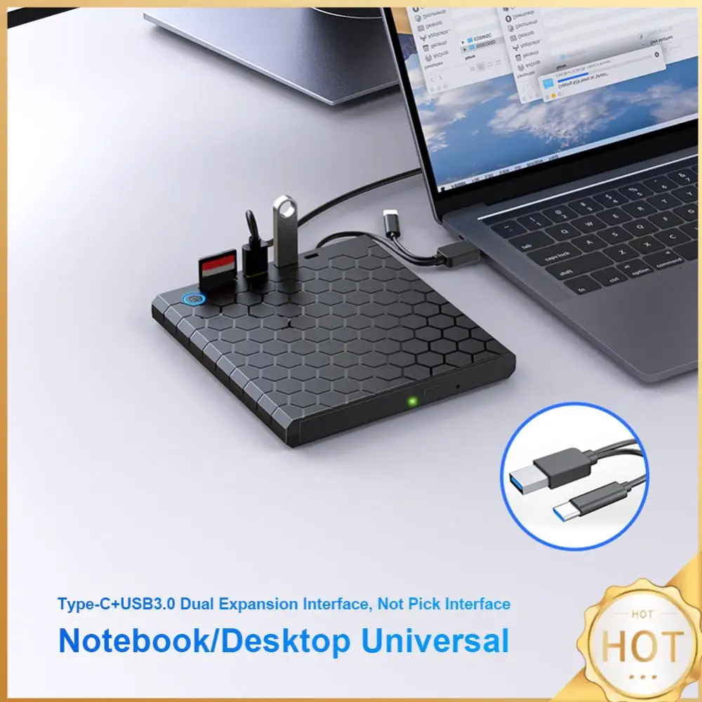 External CD/DVD Drive USB 3.0 Type-C Optical Disk Drive with SD/TF Slots Portable CD DVD Burner USB3.0 HUB for Laptop Macbook PC